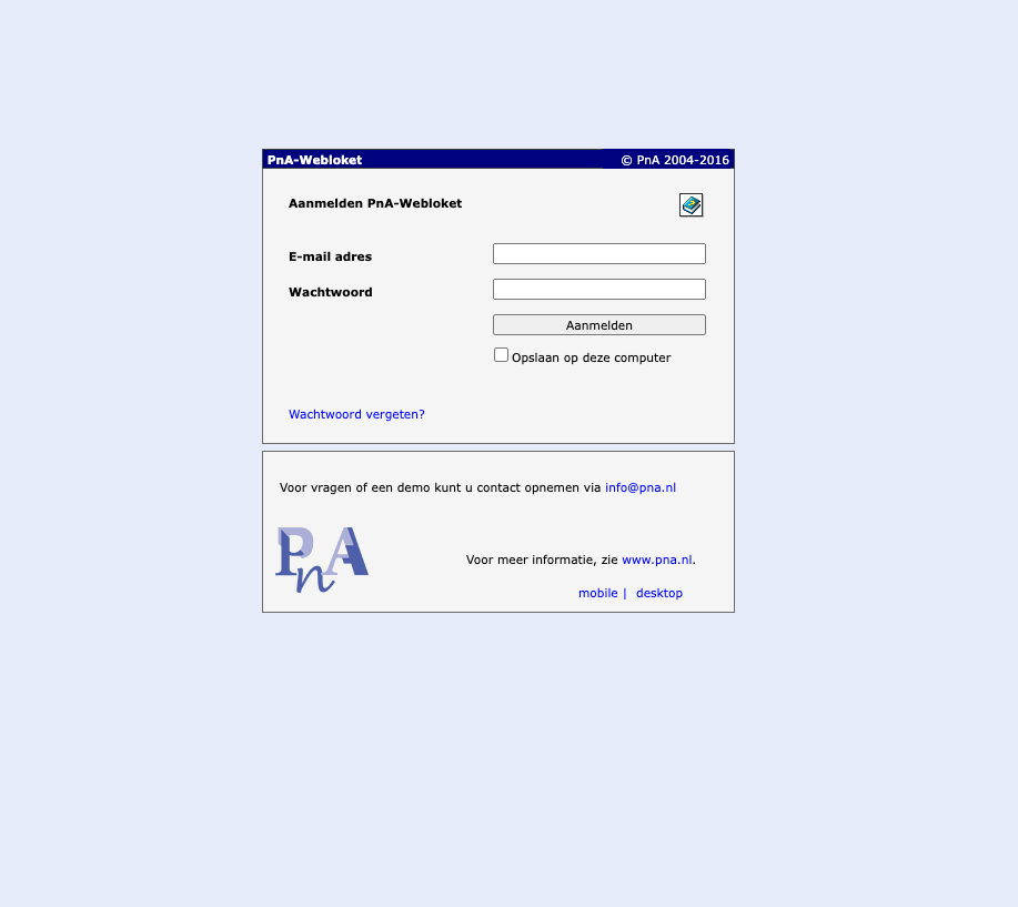 Screenshow van de oude PNA Webloket